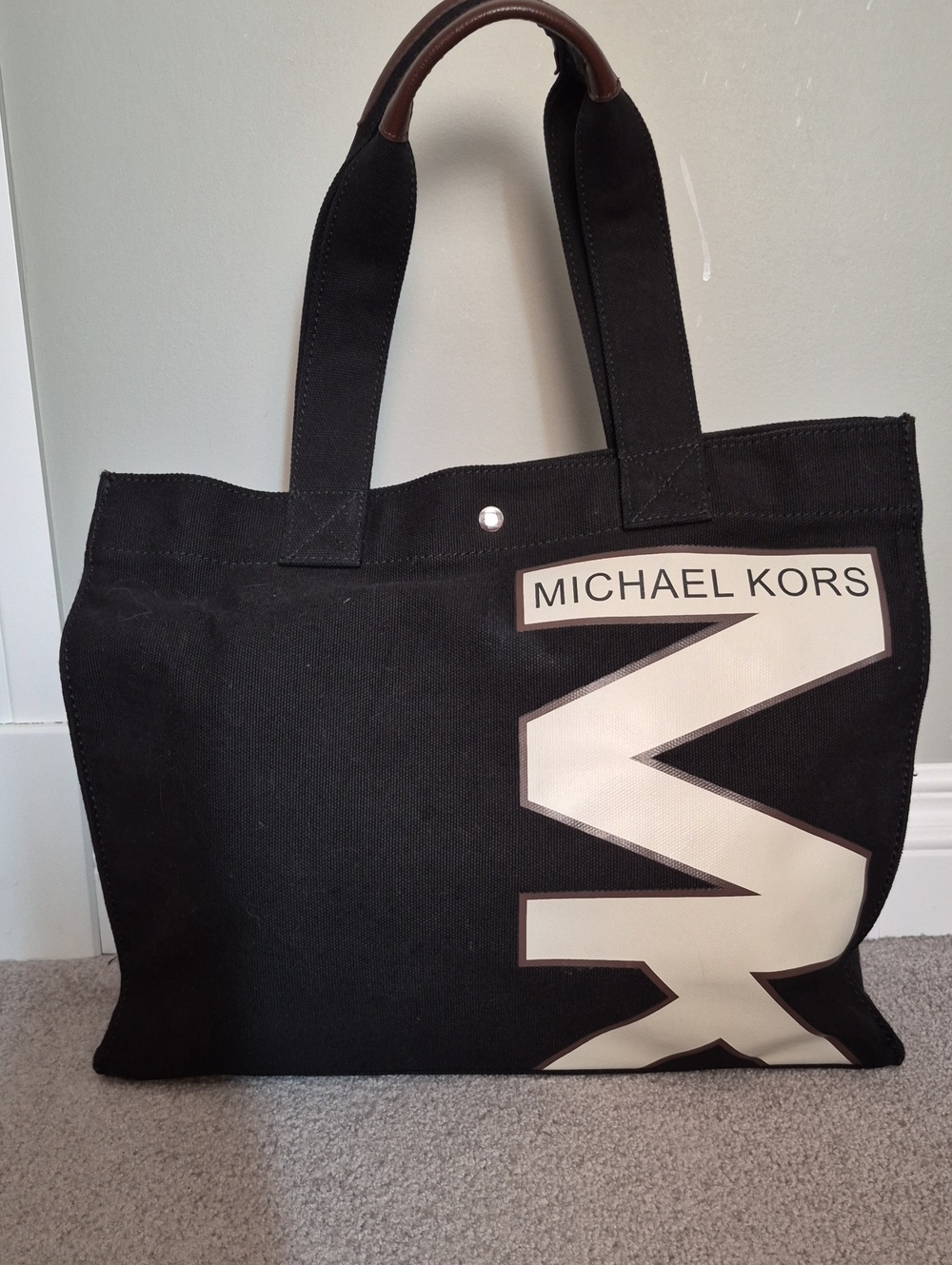 Michael Kors Black Tote with Cream Logo Thick Cotton Canvas Bag